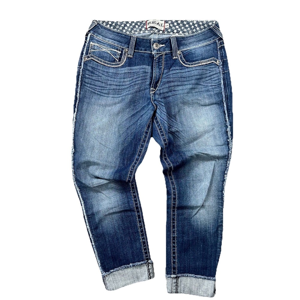 Ariat REAL Denim Jeans Mens 32R Blue Raw Edge Frayed Hem Stretch Western‎ Cowboy